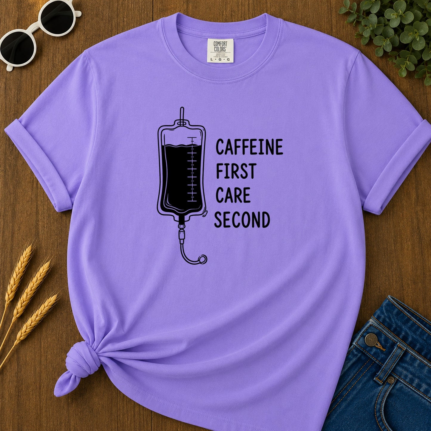 Caffeine First Care Second 110 T-Shirt - Violet Mockup