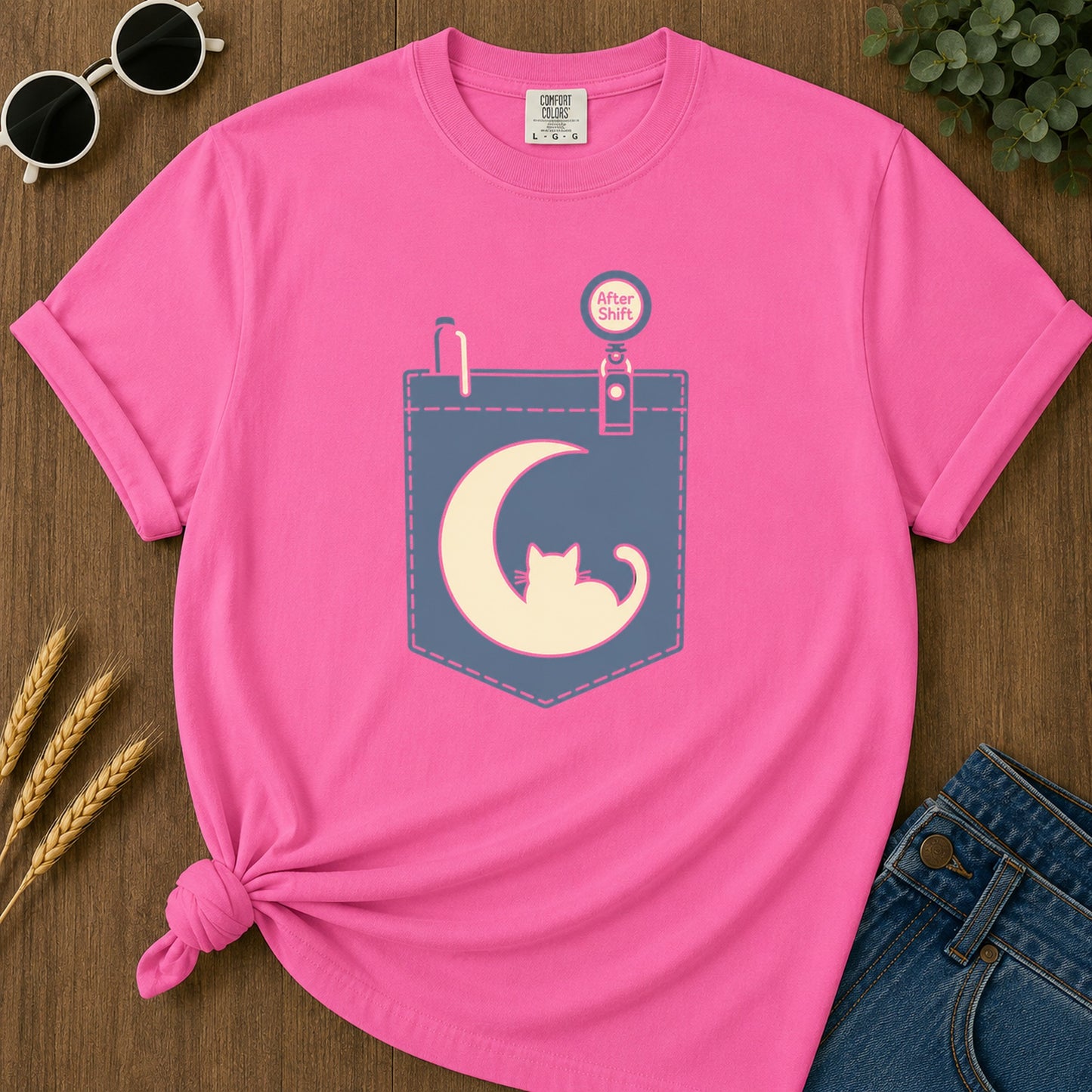 Pocket After Shift T-Shirt - Neon Pink Mockup
