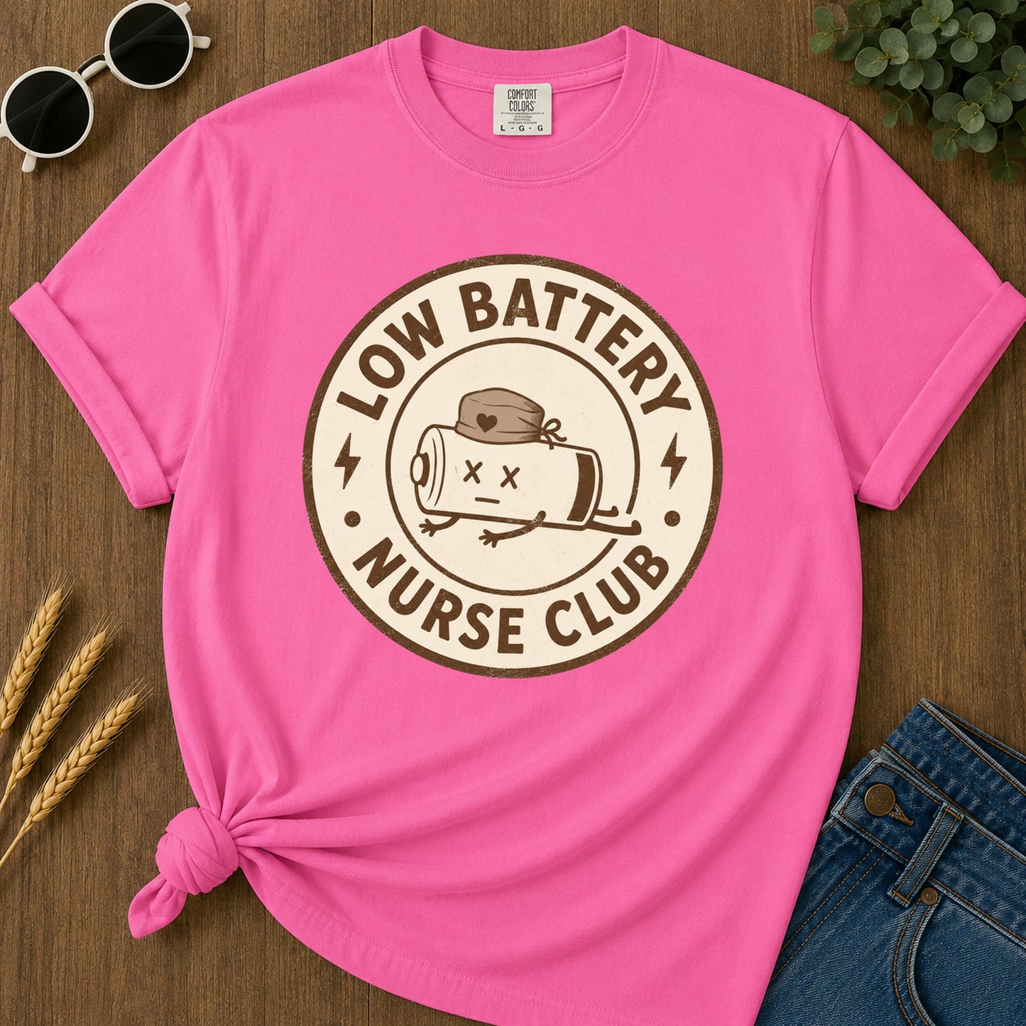 Low Battery Nurse Club T-Shirt - Neon Pink Mockup