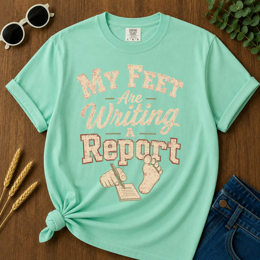 Feet Writing Report T-Shirt - Island Reef Mockup