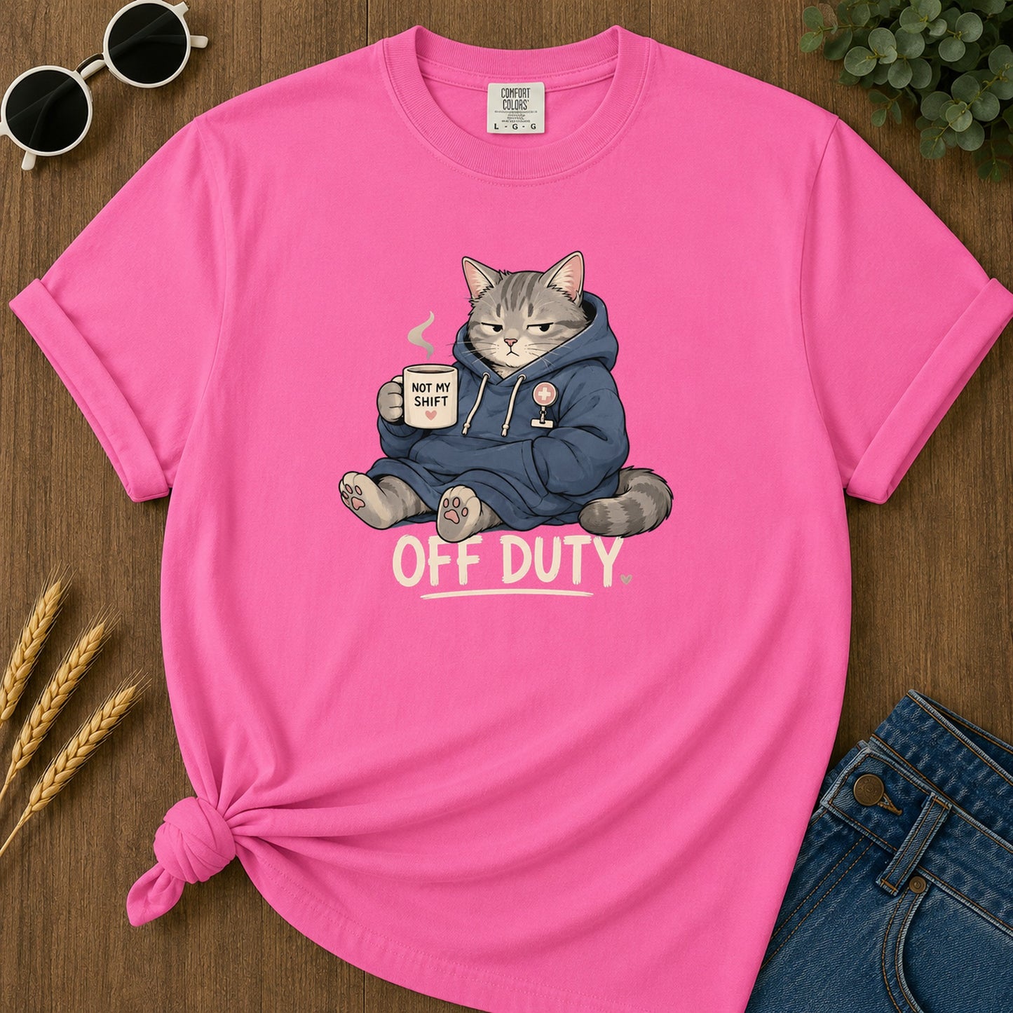 Off Duty Cat T-Shirt - Neon Pink Mockup