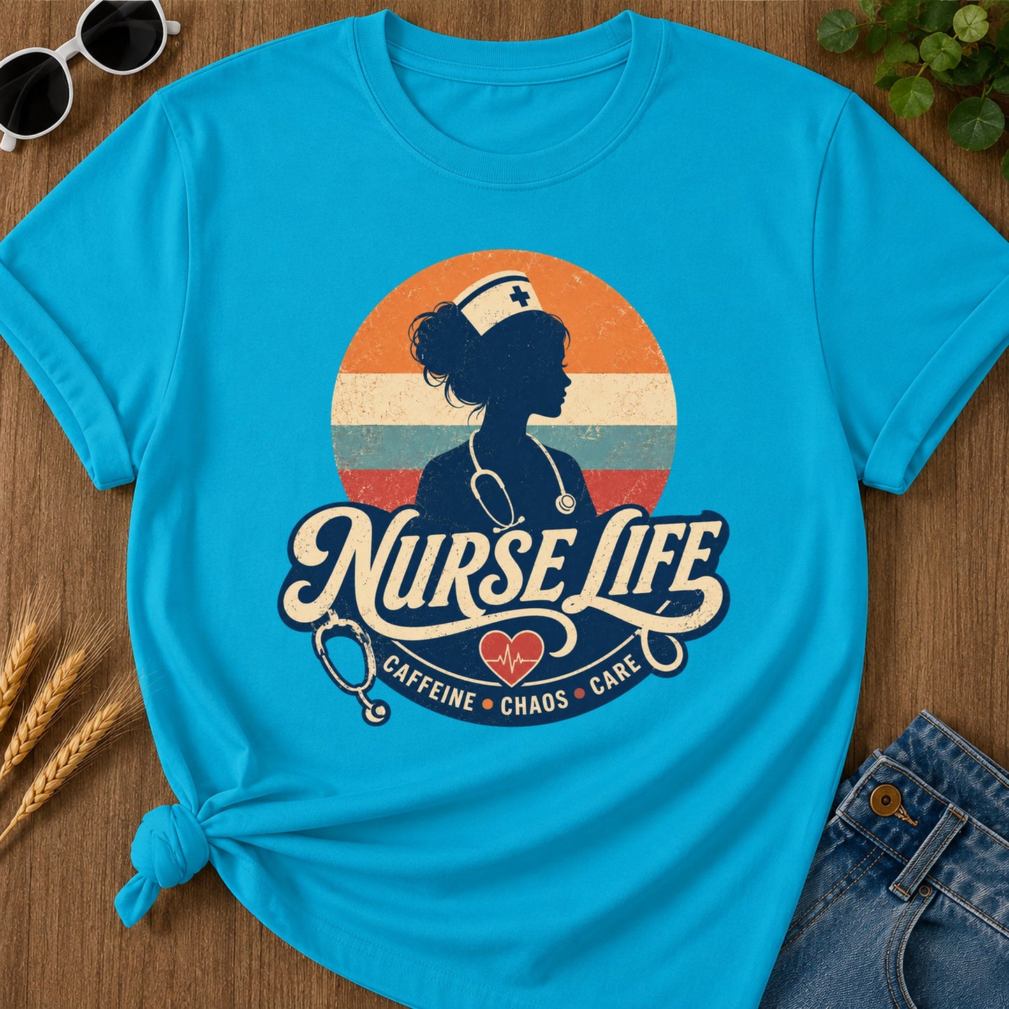 Nurse Life Caffeine Chaos Care T-Shirt - Sapphire Mockup