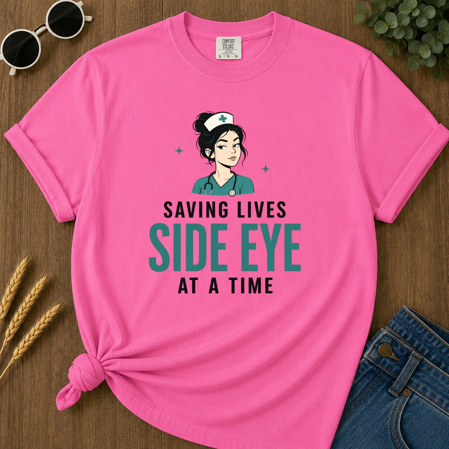 Saving Lives Side Eye Time T-Shirt - Neon Pink Mockup