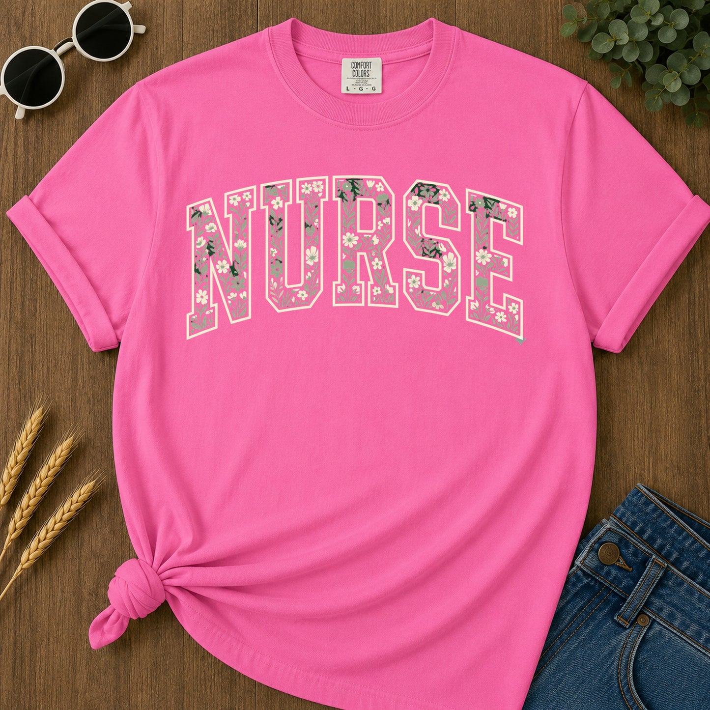 Nurse Floral Green T-Shirt - Neon Pink Mockup