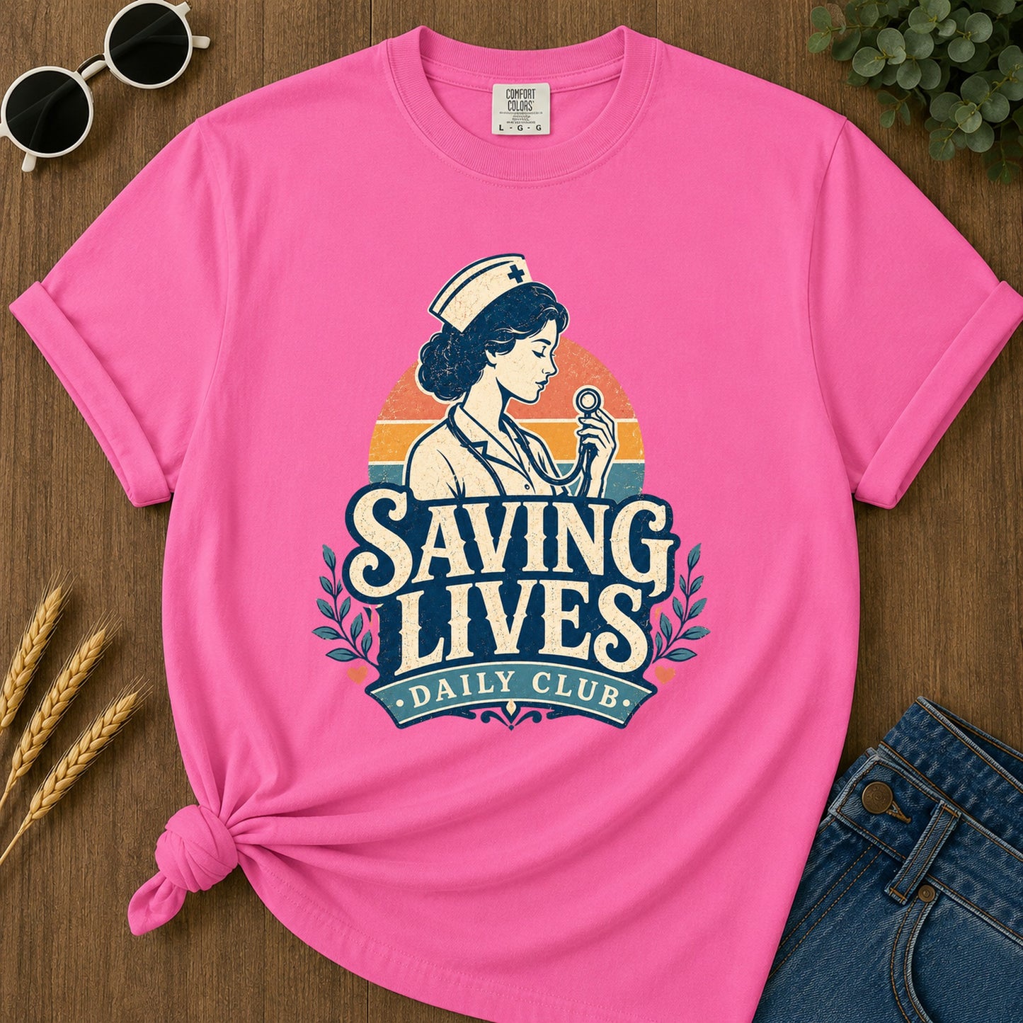 Saving Lives Daily Club T-Shirt - Neon Pink Mockup