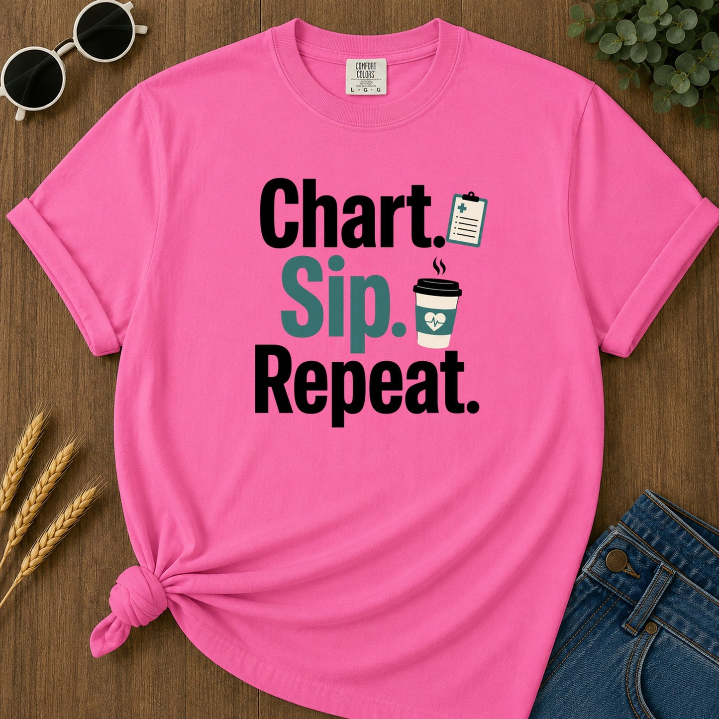 Chart Sip Repeat T-Shirt - Neon Pink Mockup