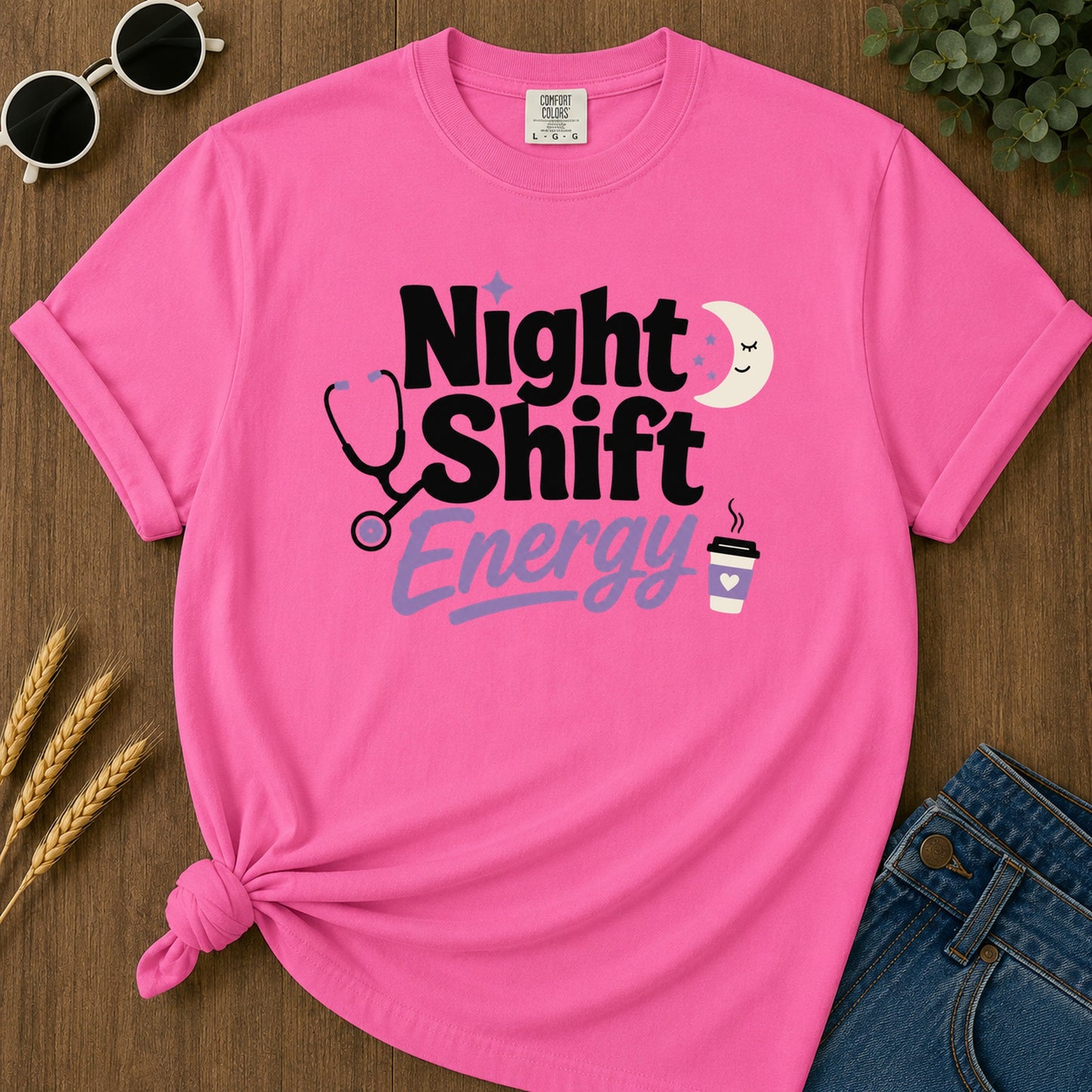 Night Shift Energy T-Shirt - Neon Pink Mockup