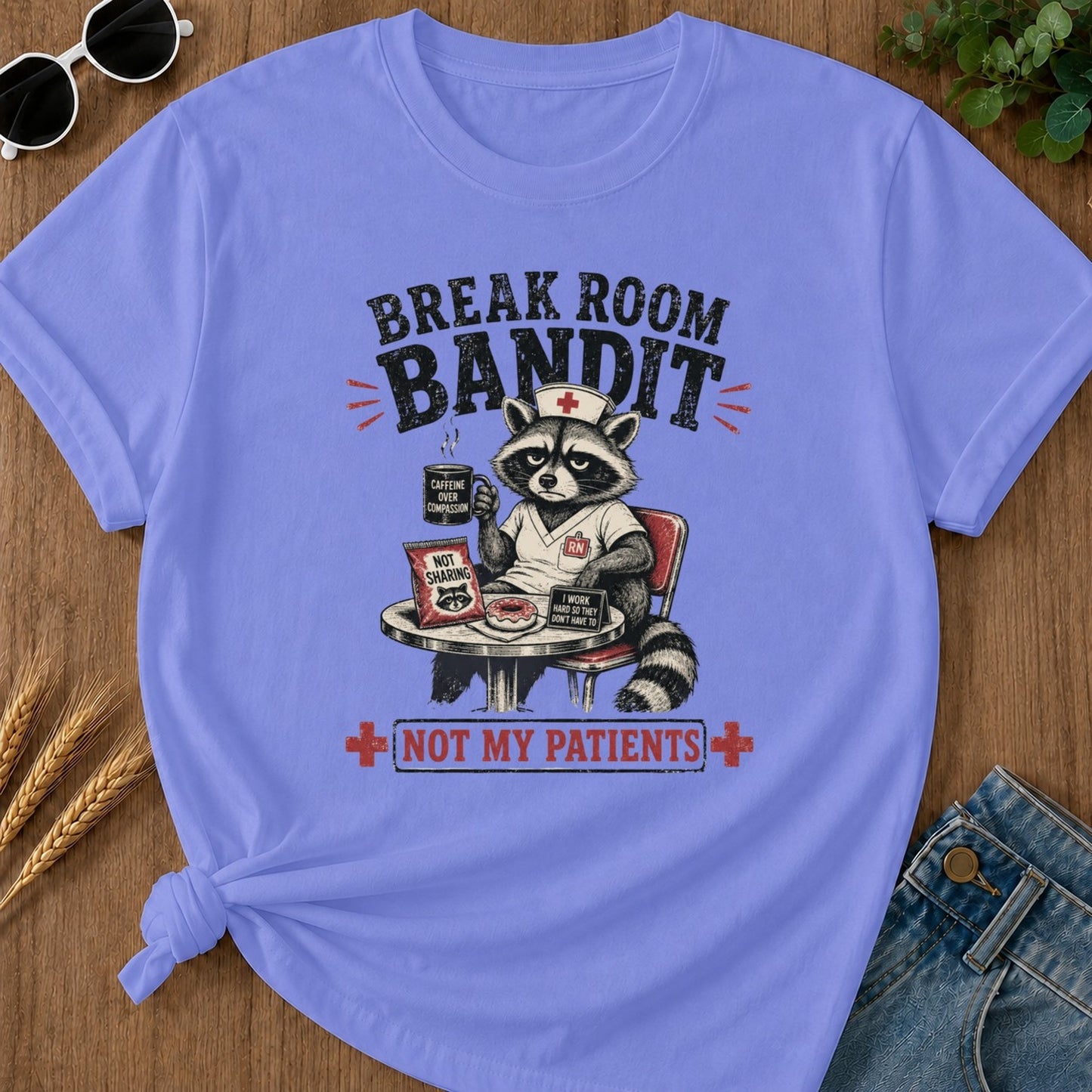 Break Room Bandit T-shirt - Flo Blue Mockup