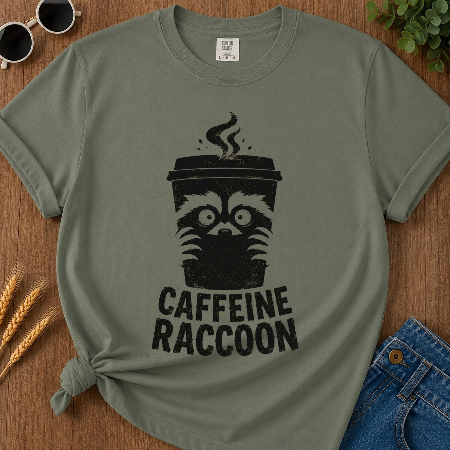 Caffeine Raccoon T-shirt - Moss Mockup