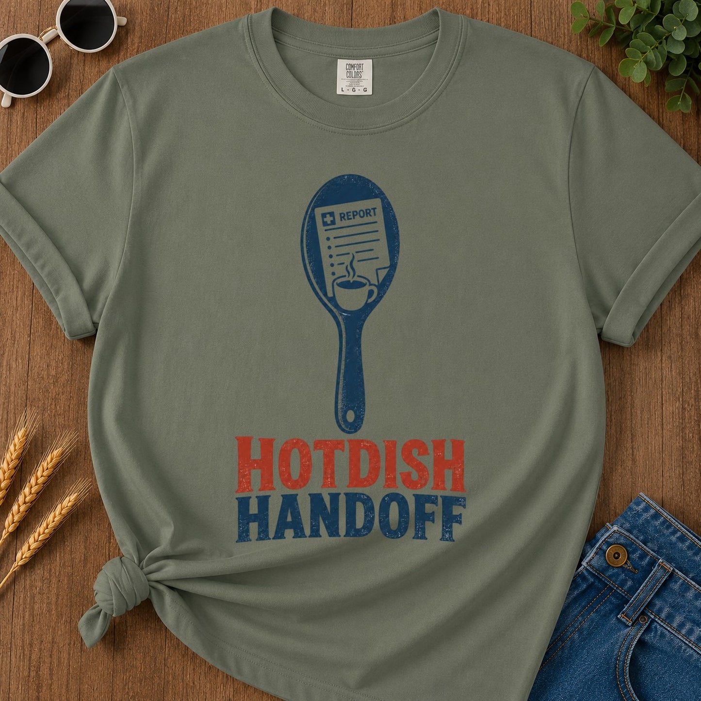 Hotdish Handoff T-shirt - Moss Mockup