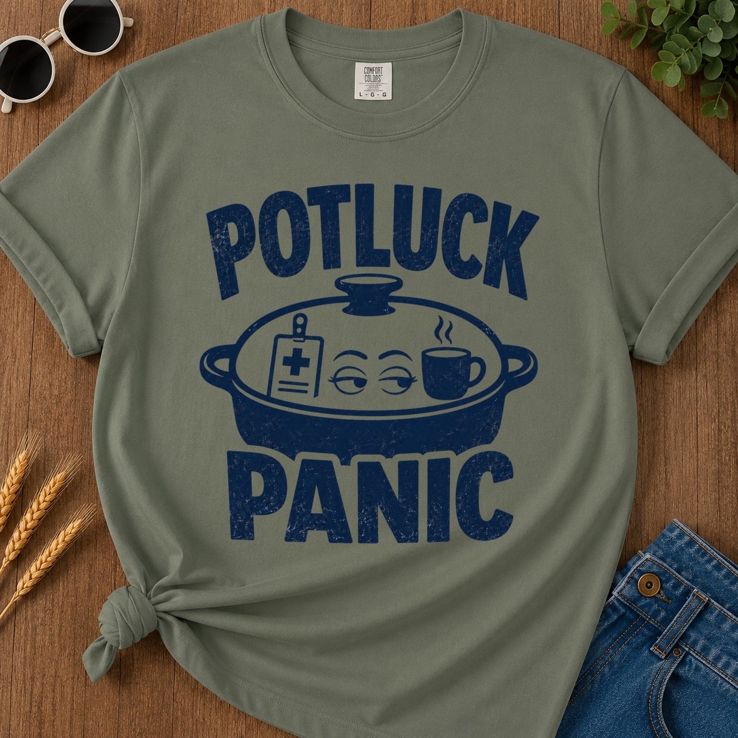 Potluck Panic T-shirt - Moss Mockup