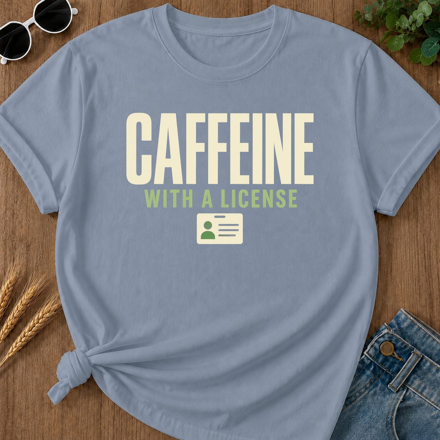 Caffeine License T-Shirt - Blue Jean flat mockup 02 color variant | RAYZORA