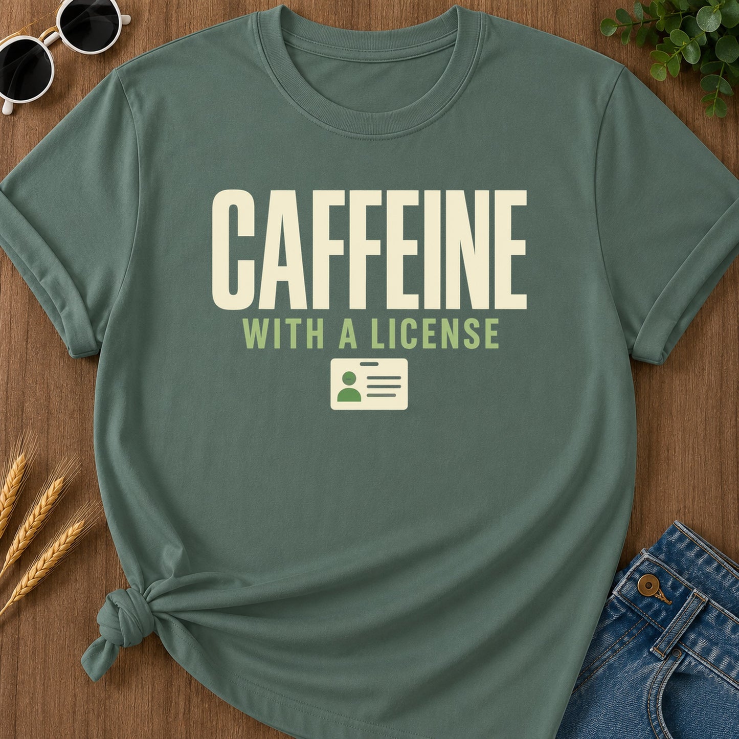 Caffeine License T-Shirt - Blue Spruce flat mockup 02 color variant | RAYZORA
