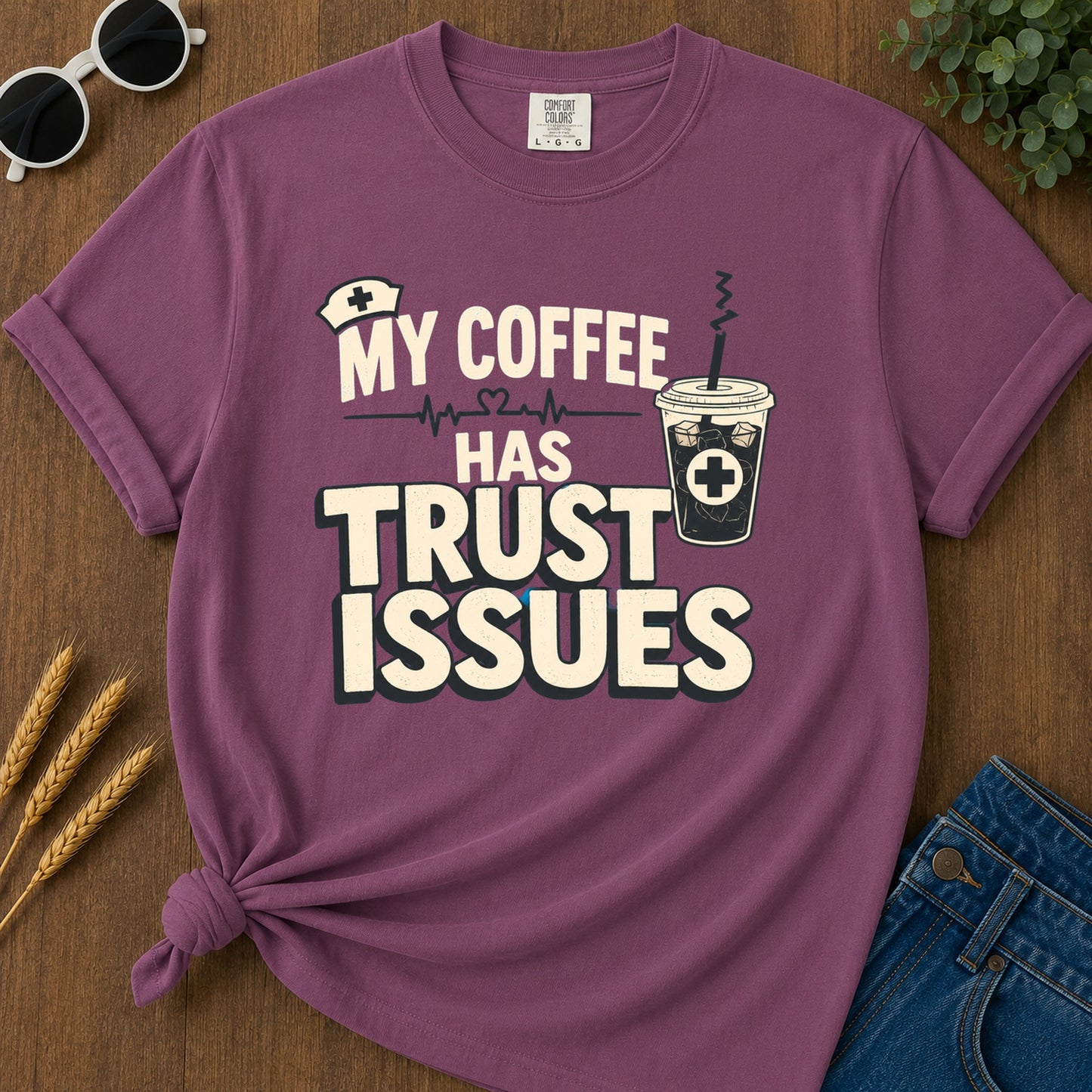 Coffee Trust Issues T-Shirt - Berry flat mockup 02 color variant | RAYZORA