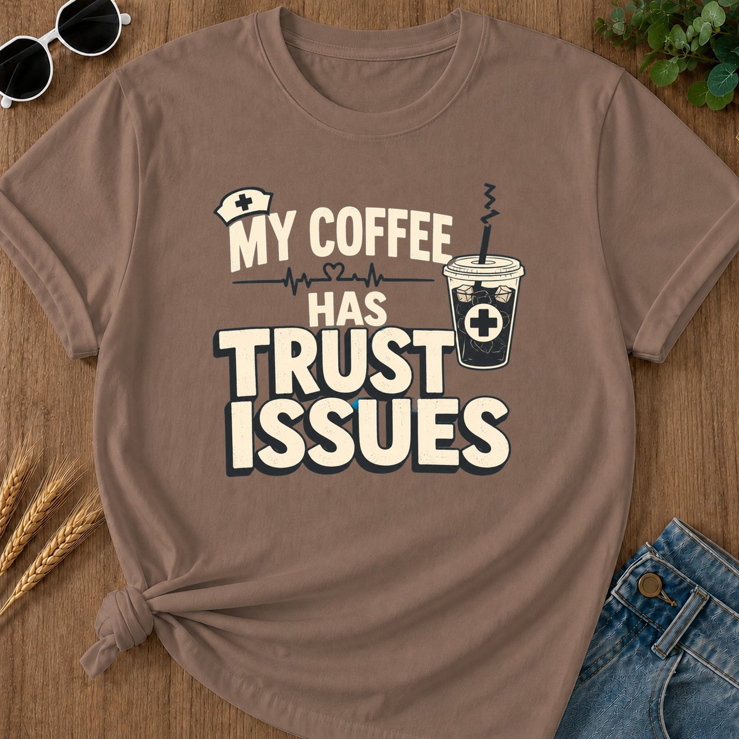 Coffee Trust Issues T-Shirt - Espresso flat mockup 02 color variant | RAYZORA
