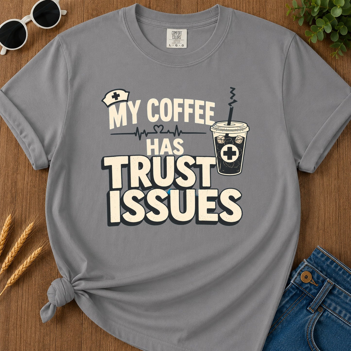 Coffee Trust Issues T-Shirt - Grey flat mockup 02 color variant | RAYZORA