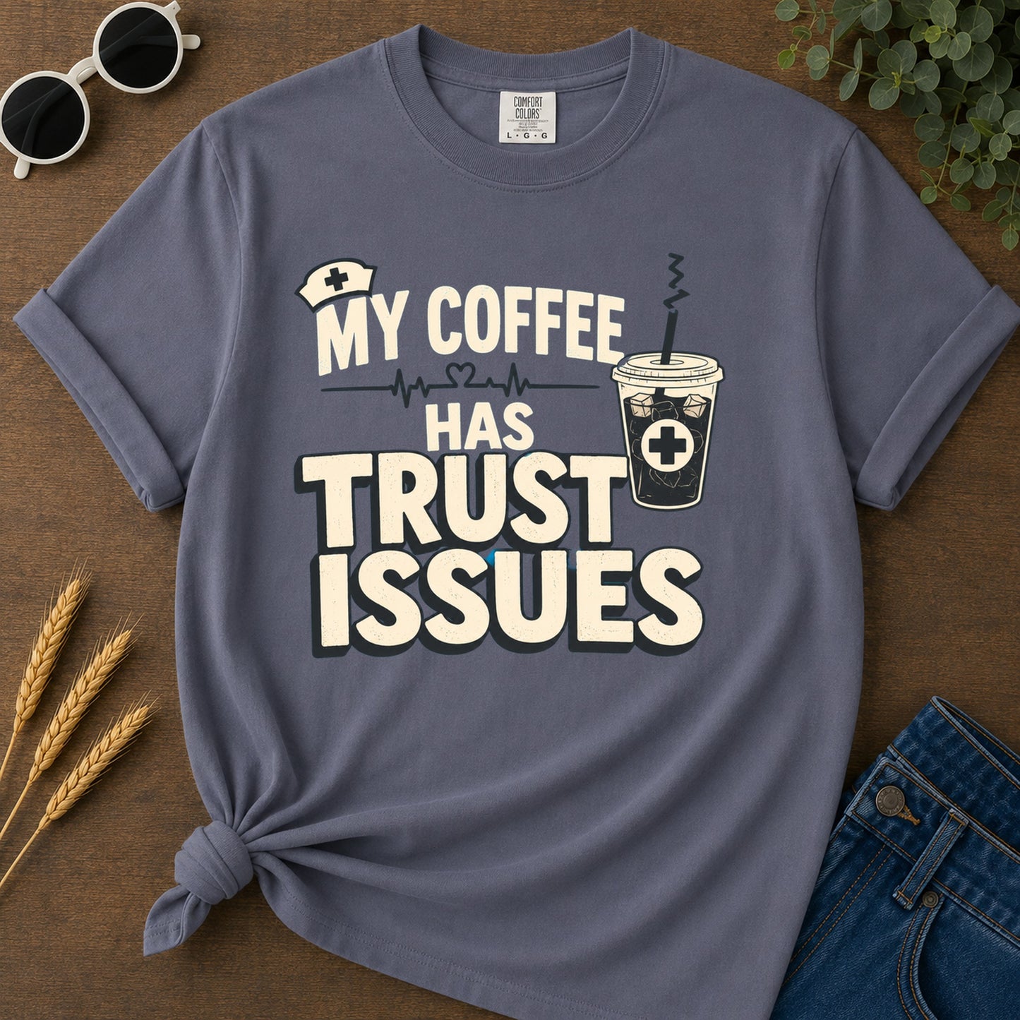Coffee Trust Issues T-Shirt - Navy flat mockup 02 color variant | RAYZORA