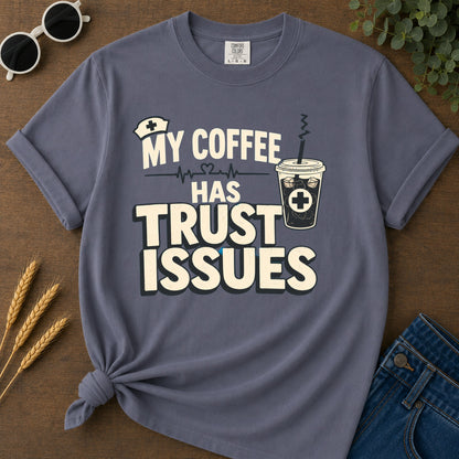 Coffee Trust Issues T-Shirt - Navy flat mockup 02 color variant | RAYZORA