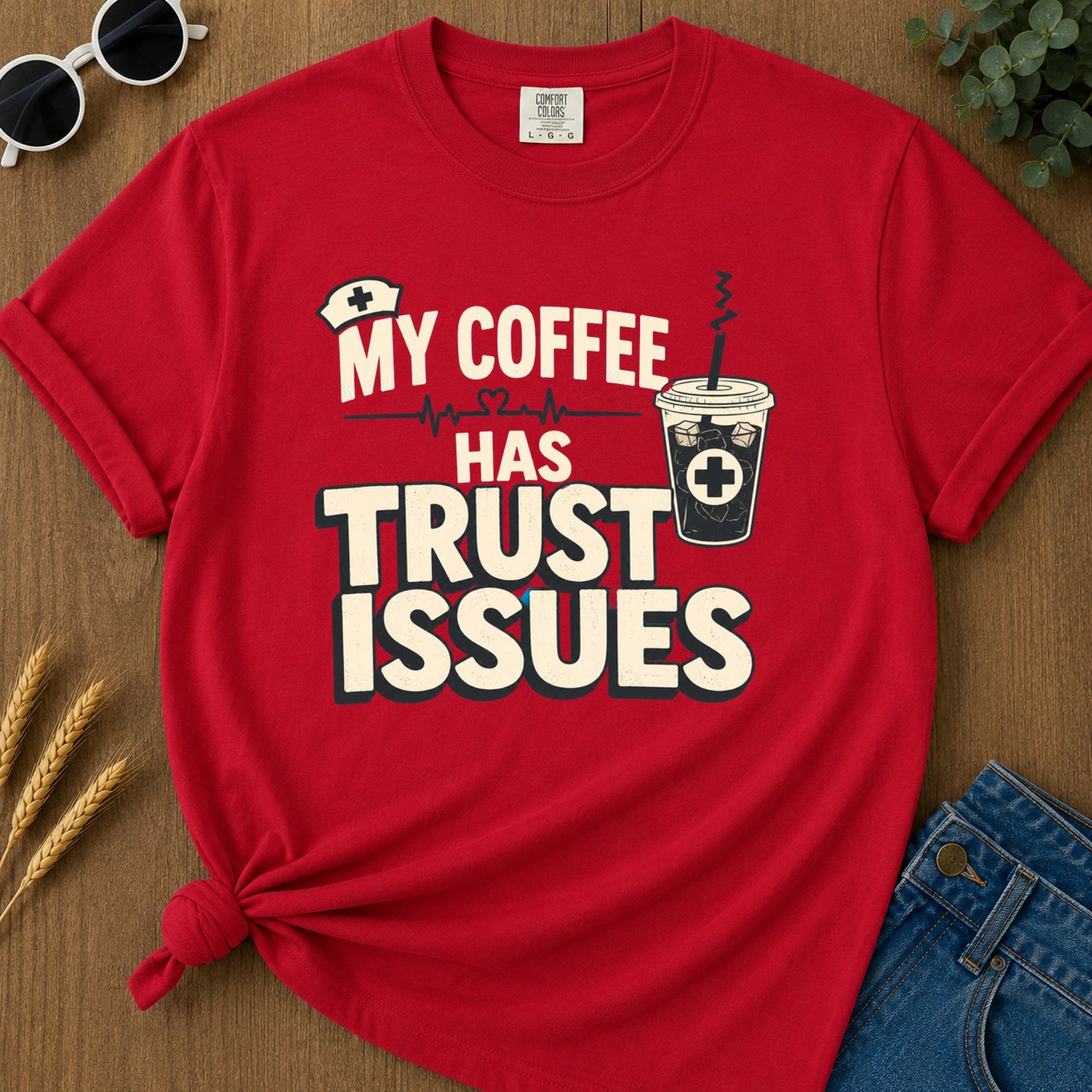 Coffee Trust Issues T-Shirt - Red flat mockup 02 color variant | RAYZORA