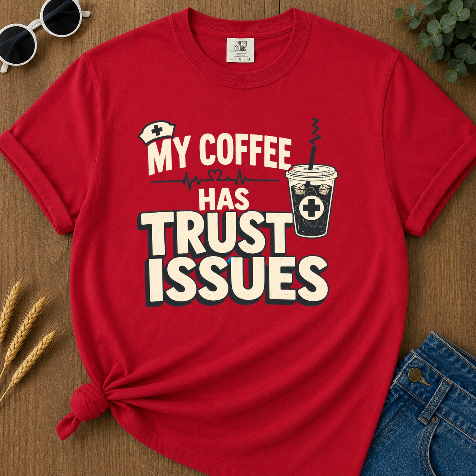 Coffee Trust Issues T-Shirt - Red flat mockup 02 color variant | RAYZORA