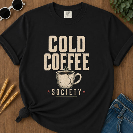 Cold Coffee Society T-Shirt - Black flat mockup 02 color variant | RAYZORA