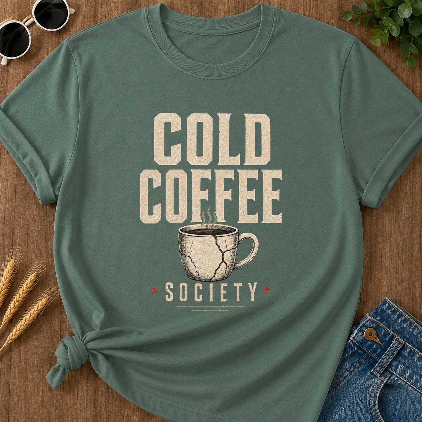 Cold Coffee Society T-Shirt - Blue Spruce flat mockup 02 color variant | RAYZORA