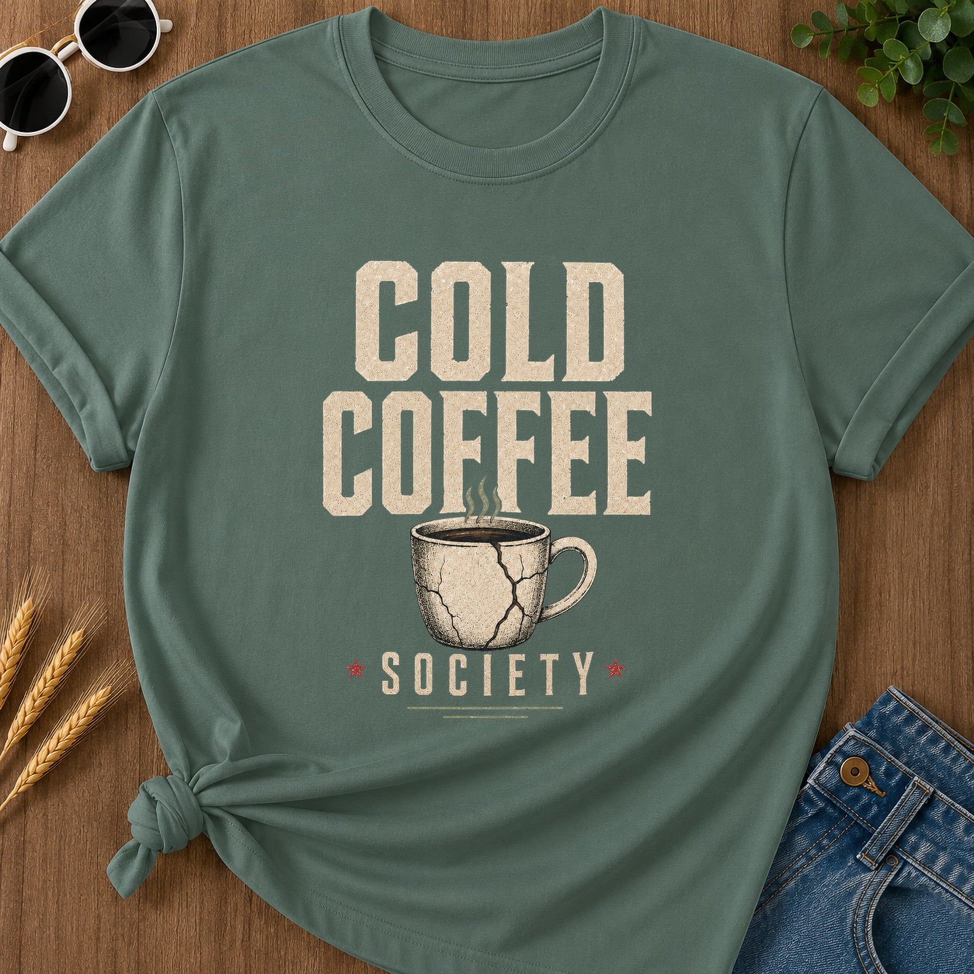 Cold Coffee Society T-Shirt - Blue Spruce flat mockup 02 color variant | RAYZORA