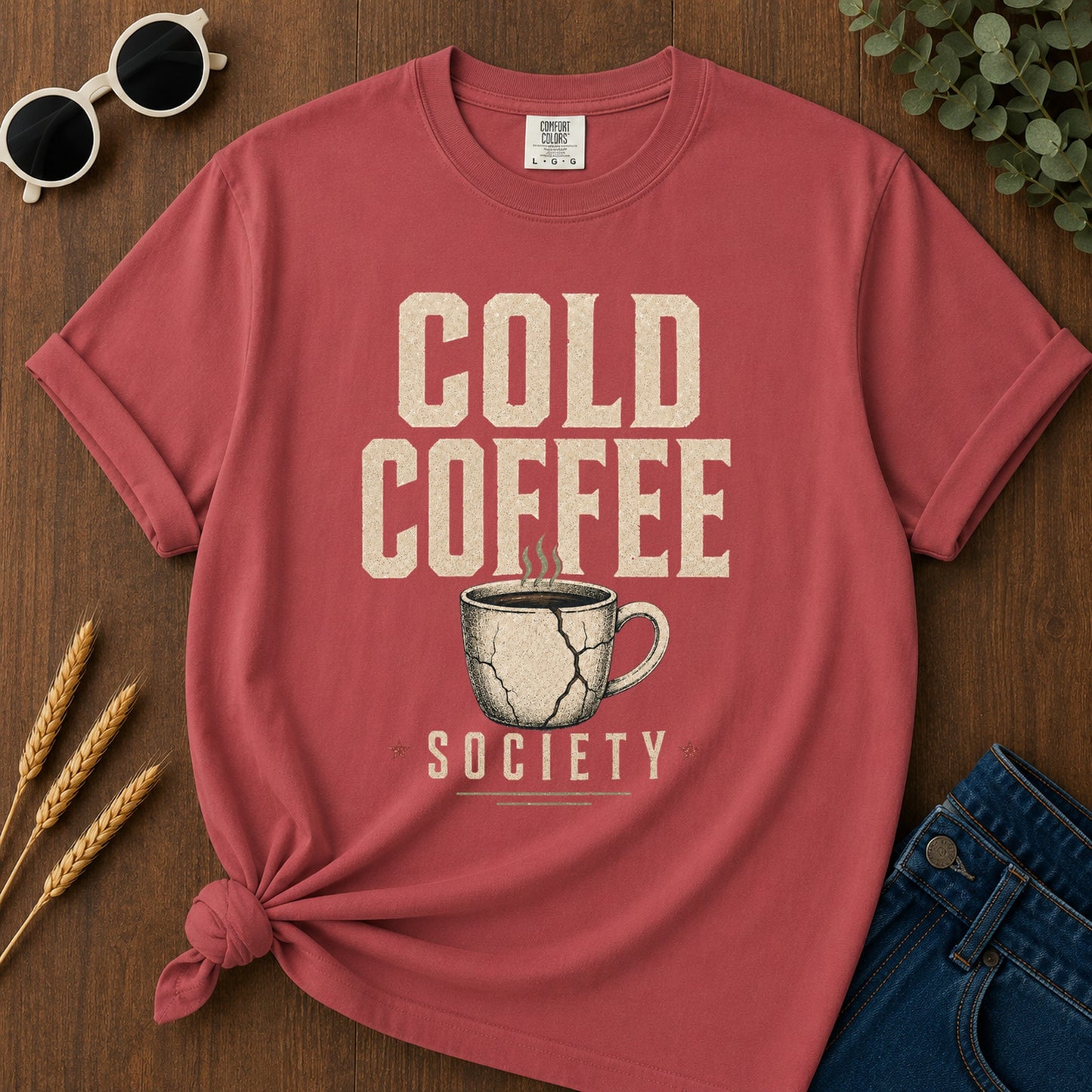 Cold Coffee Society T-Shirt - Crimson flat mockup 02 color variant | RAYZORA