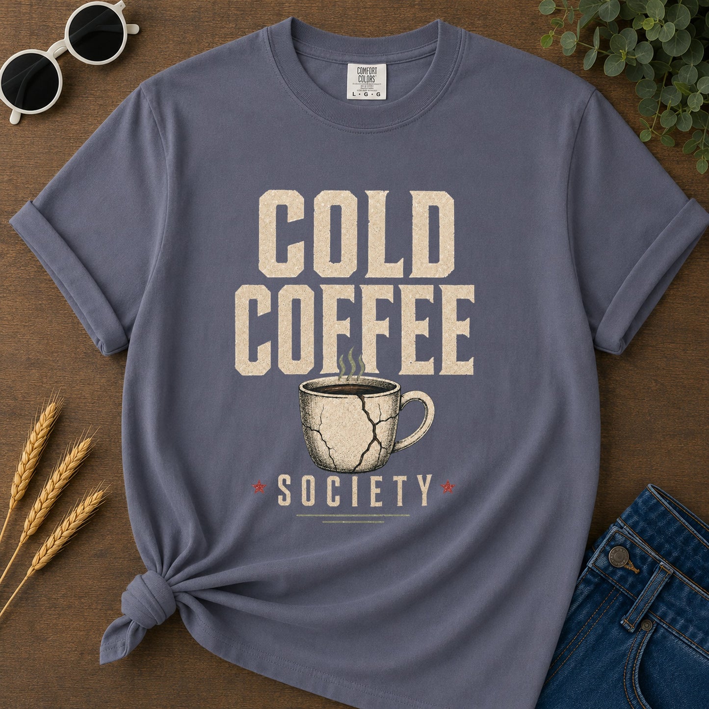 Cold Coffee Society T-Shirt - Navy flat mockup 02 color variant | RAYZORA