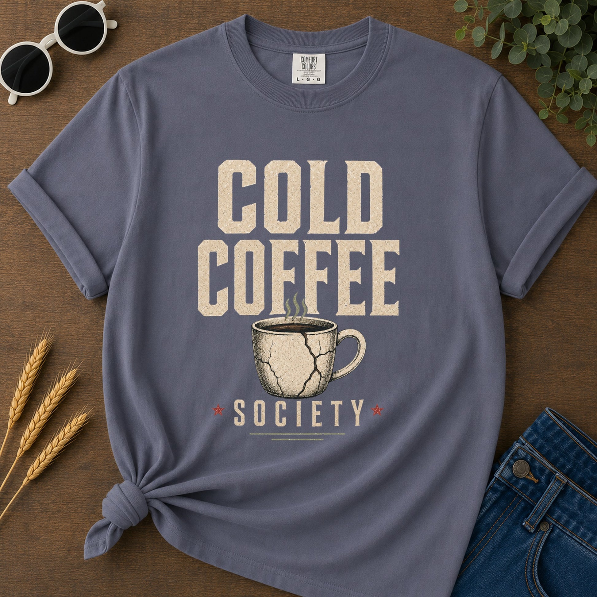 Cold Coffee Society T-Shirt - Navy flat mockup 02 color variant | RAYZORA