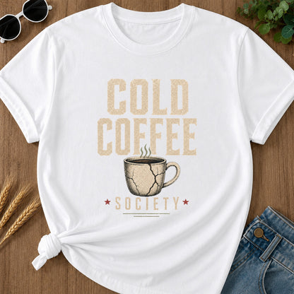 Cold Coffee Society T-Shirt - White flat mockup 02 color variant | RAYZORA