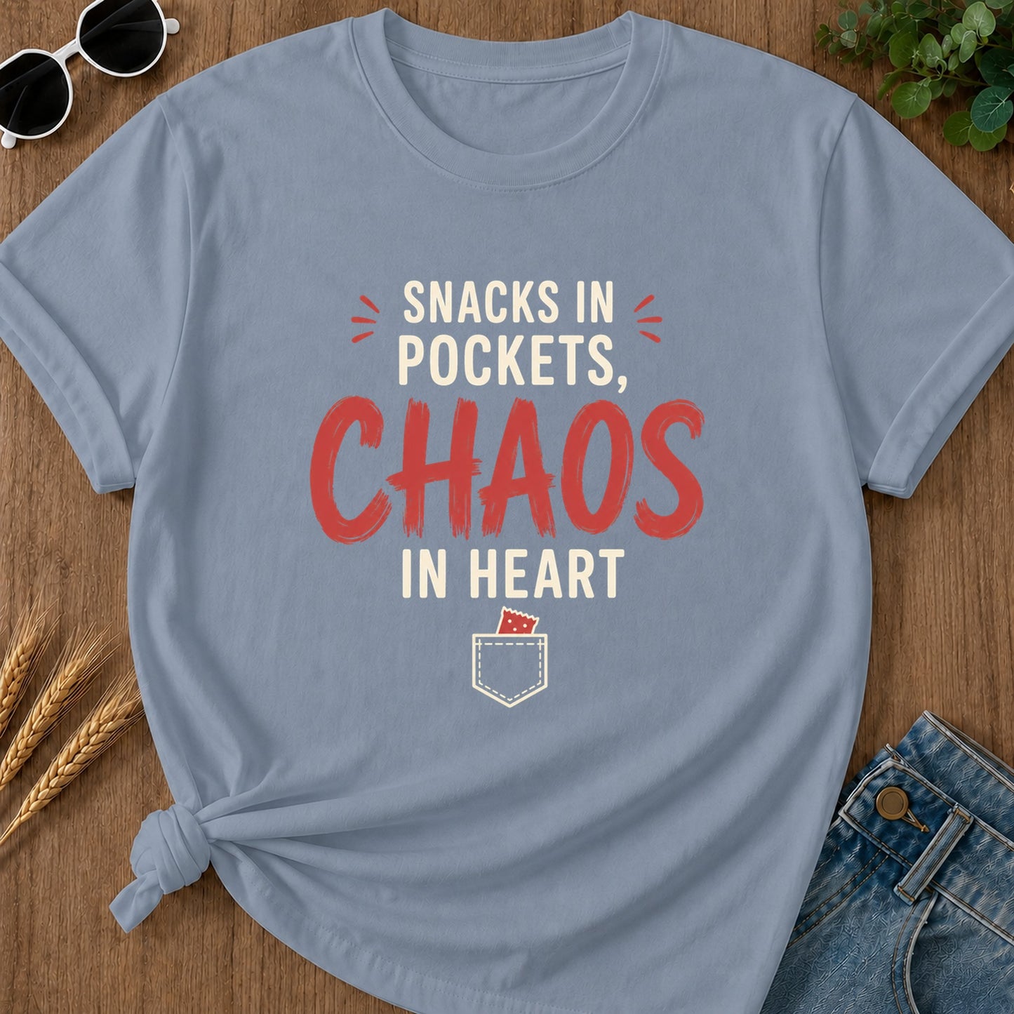 Snacks Pockets Chaos Heart T-Shirt - Blue Jean