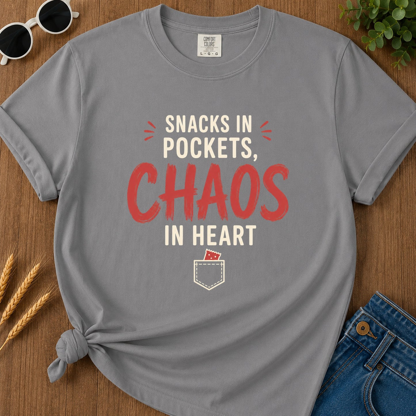 Snacks Pockets Chaos Heart T-Shirt - Grey