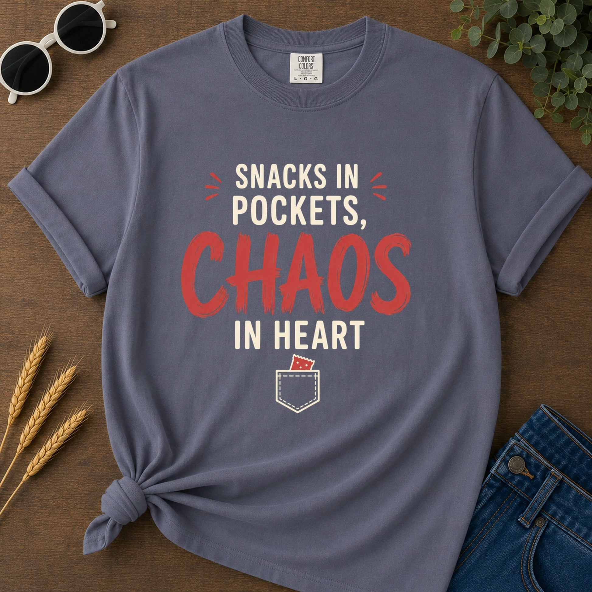 Snacks Pockets Chaos Heart T-Shirt - Navy