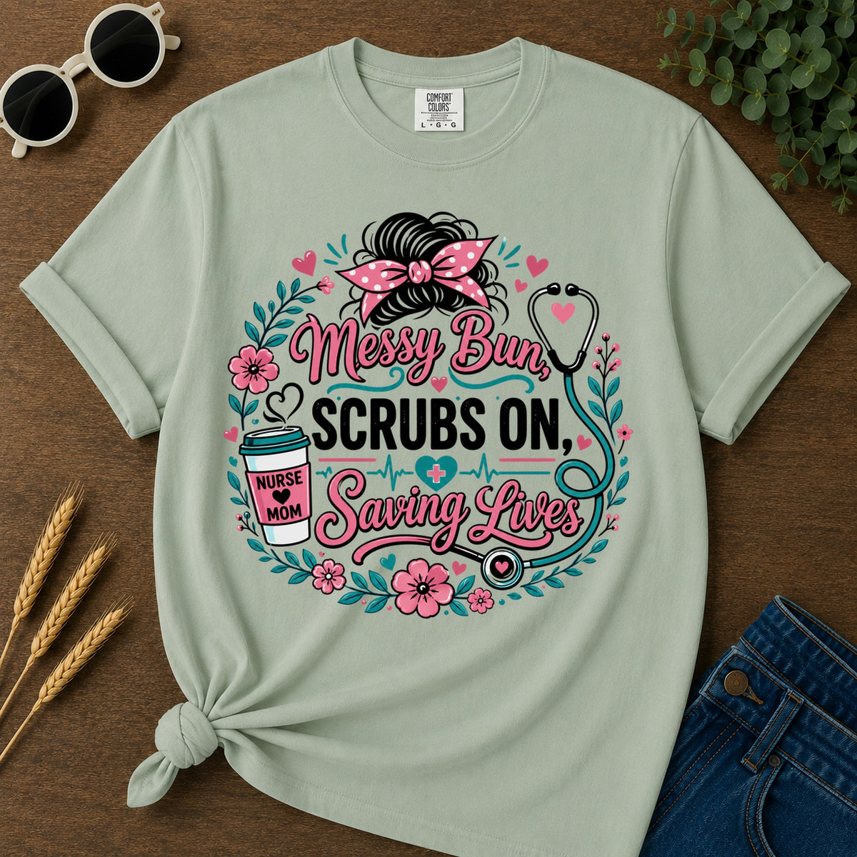 Messy Bun Scrubs T-Shirt - Bay Mockup