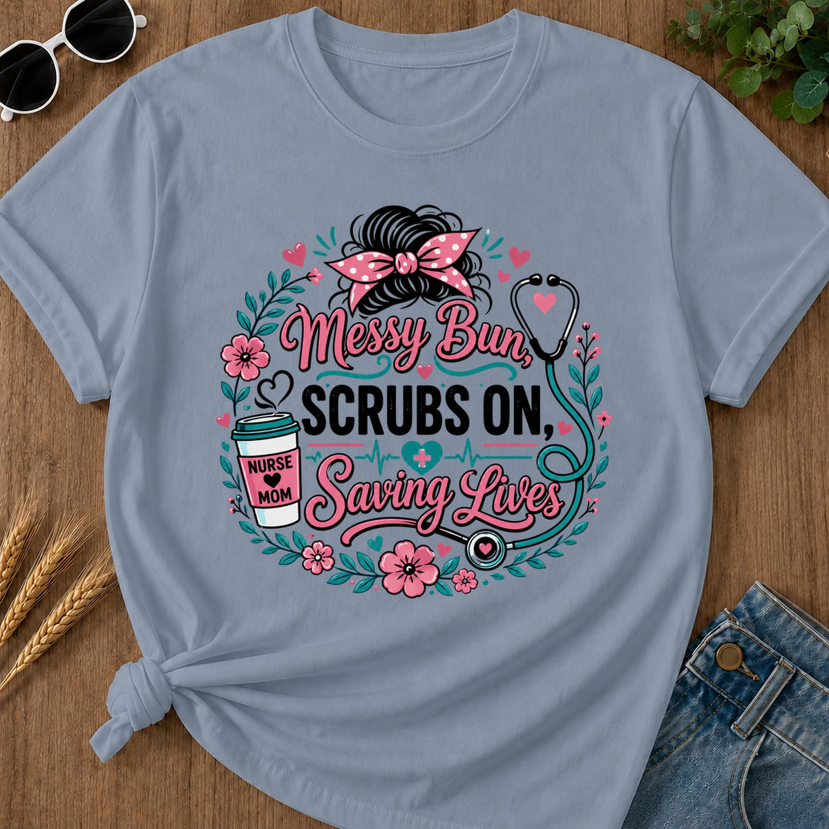 Messy Bun Scrubs T-Shirt - Blue Jean Mockup