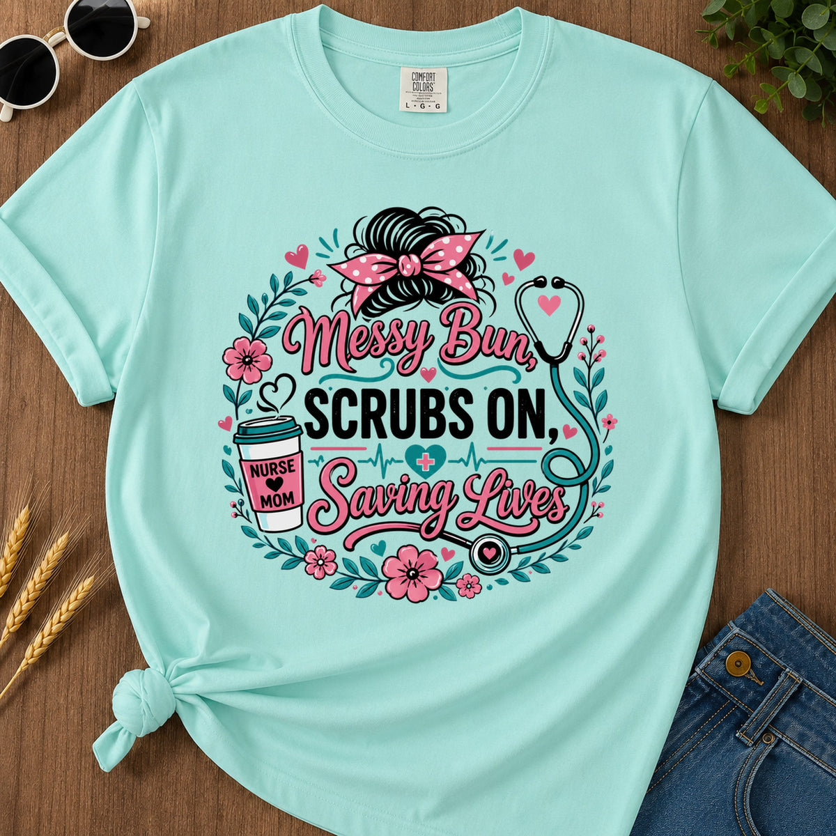 Messy Bun Scrubs T-Shirt - Chalky Mint Mockup
