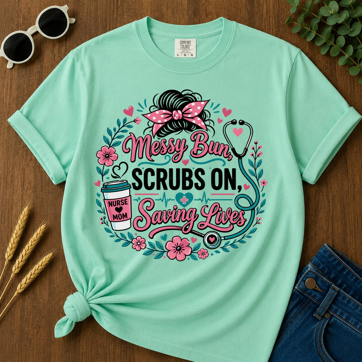 Messy Bun Scrubs T-Shirt - Island Reef Mockup