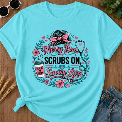 Messy Bun Scrubs T-Shirt - Lagoon Blue Mockup