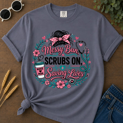 Messy Bun Scrubs T-Shirt - Navy Mockup