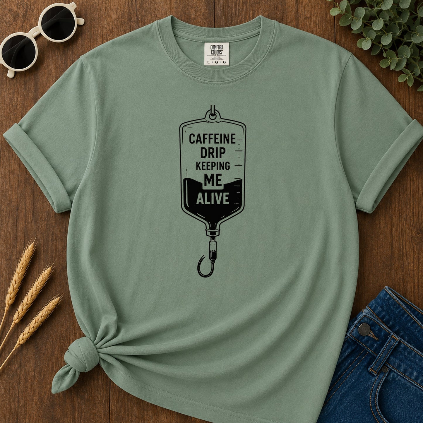 Caffeine Drip T-Shirt - Light Green Mockup
