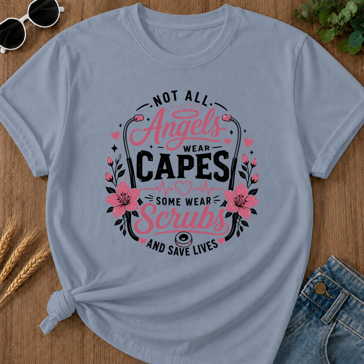 Angels Wear Capes T-Shirt - Blue Jean Mockup