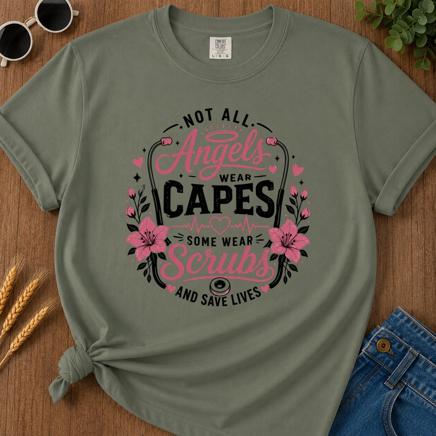 Angels Wear Capes T-Shirt - Moss Mockup