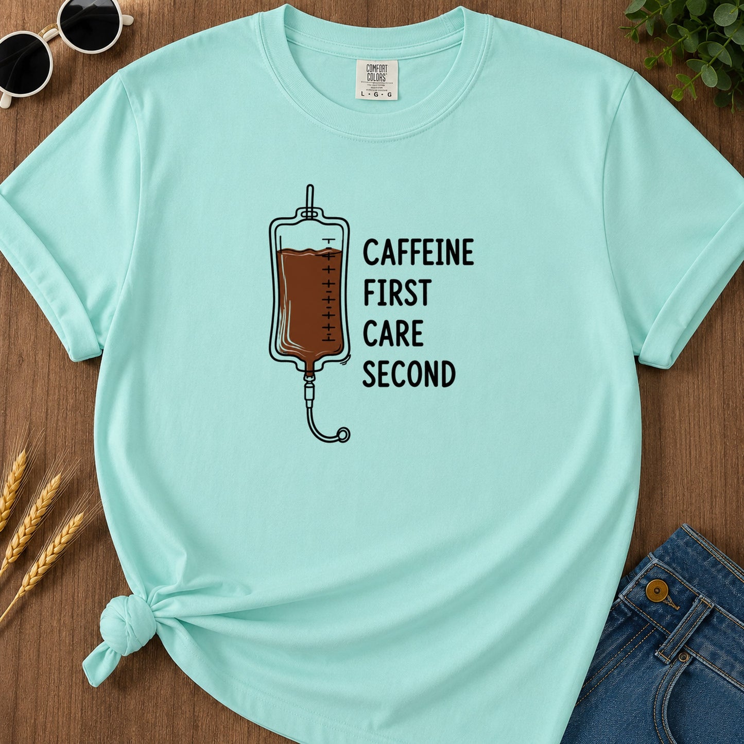 Caffeine First Care Second T-Shirt - Chalky Mint Mockup