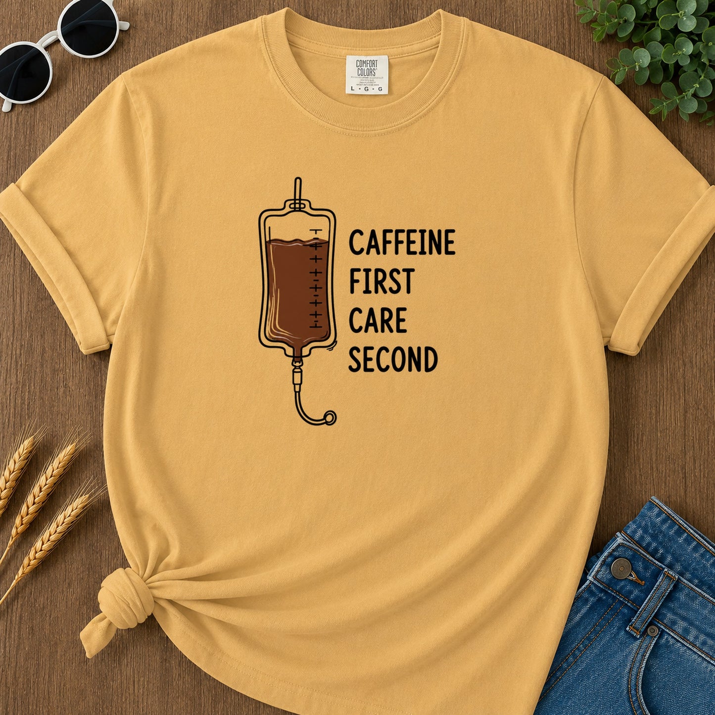 Caffeine First Care Second T-Shirt - Mustard Mockup