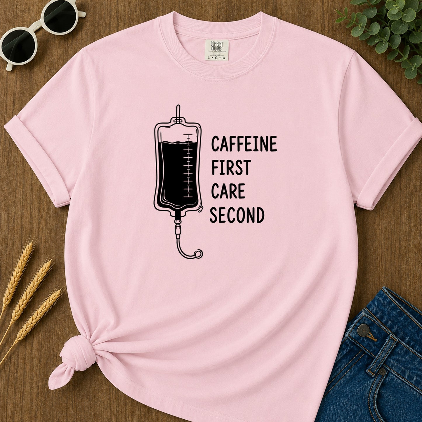 Caffeine First Care Second 110 T-Shirt - Blossom Mockup