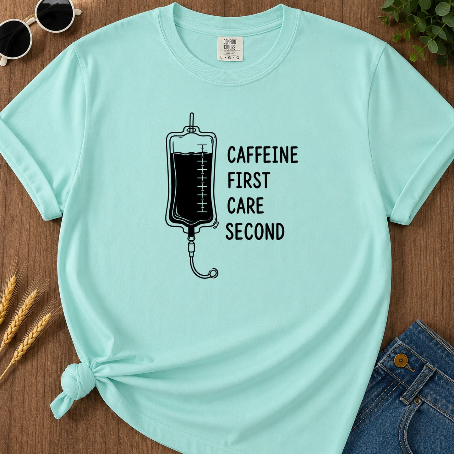 Caffeine First Care Second 110 T-Shirt - Chalky Mint Mockup