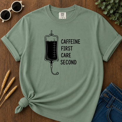 Caffeine First Care Second 110 T-Shirt - Light Green Mockup