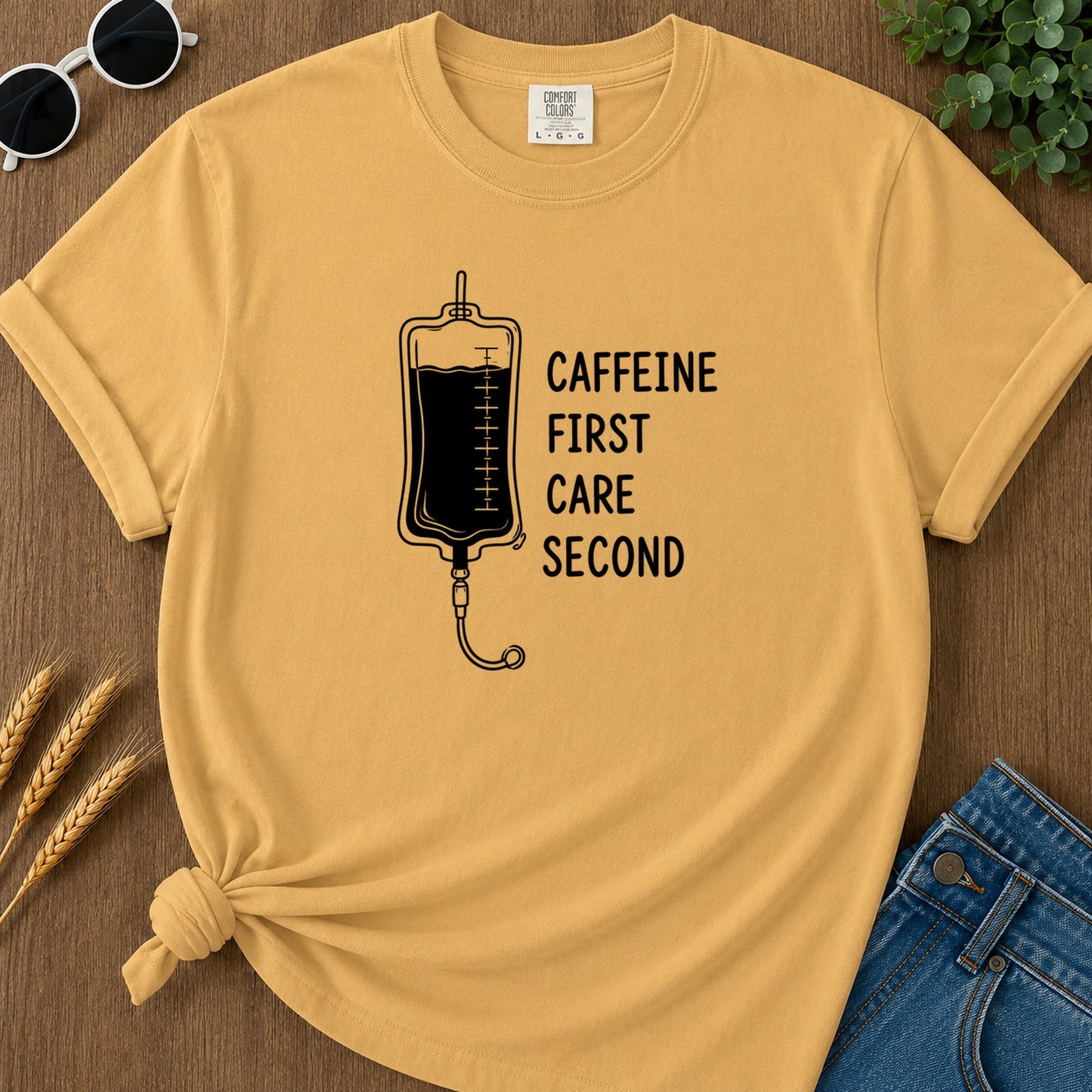 Caffeine First Care Second 110 T-Shirt - Mustard Mockup