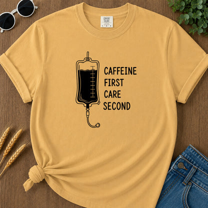 Caffeine First Care Second 110 T-Shirt - Mustard Mockup